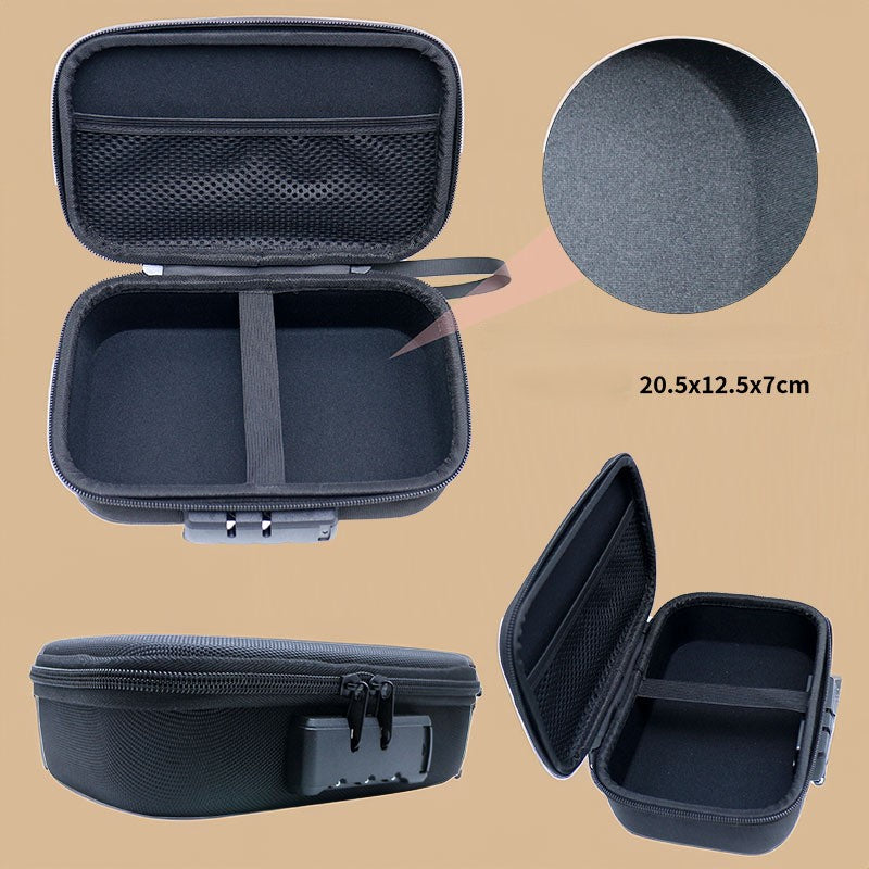 Black hard-shell zippered carrying case shown from multiple angles on a beige background, including an open view with interior compartments, a closed side view, and a circular close-up of the fabric texture. Text reads 20.