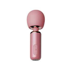 Pink handheld vibrator with a rose gold accent on a white background