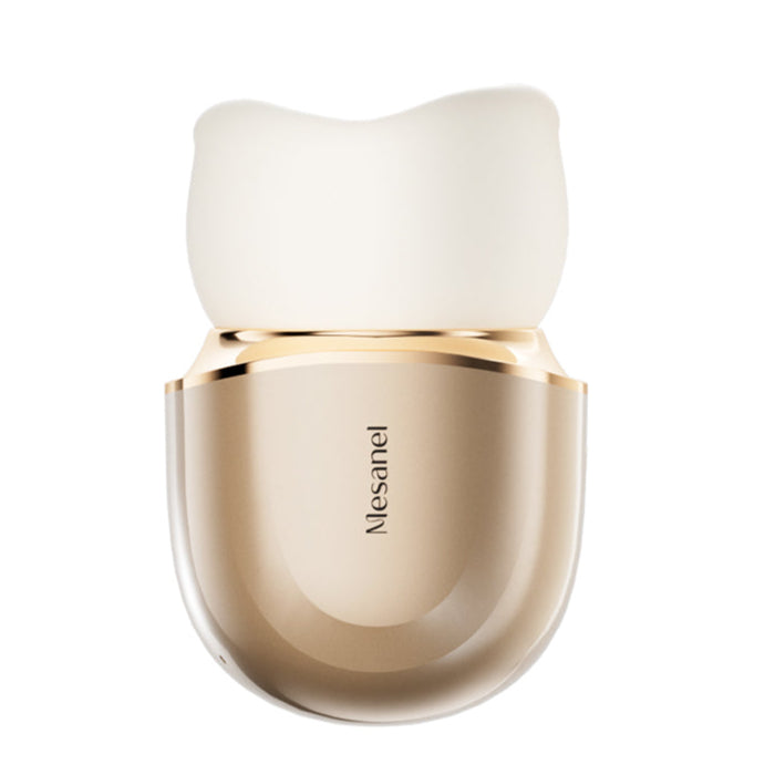 Perfume bottle with a white cap and gold body on a white background