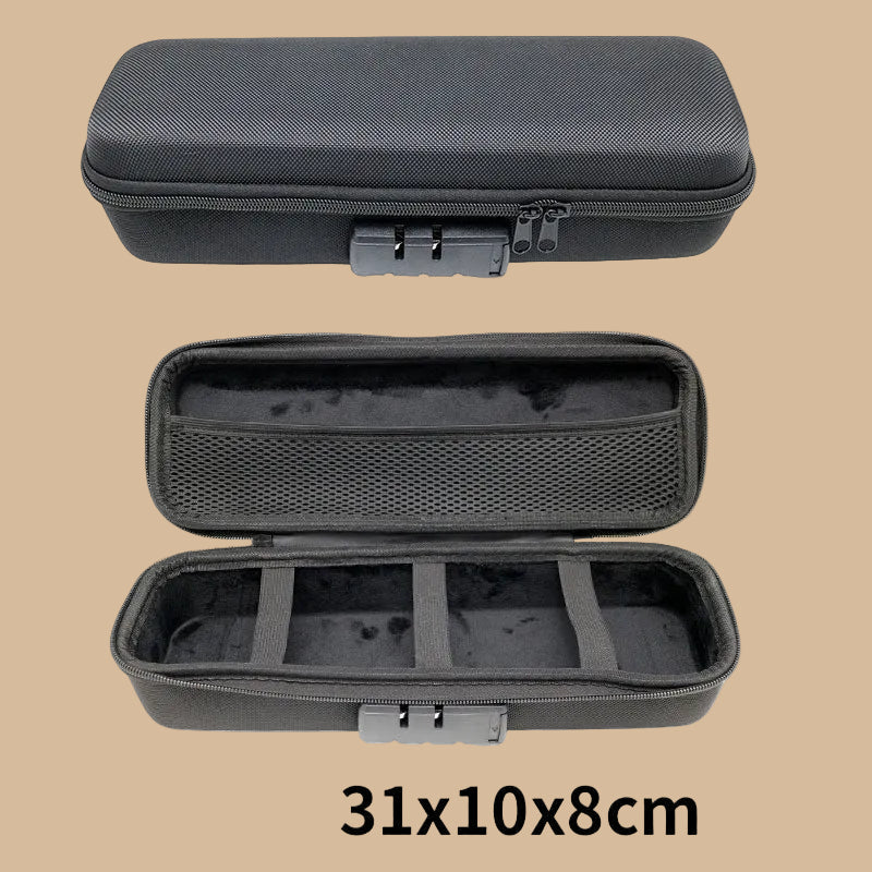 A black hard-shell zippered storage case shown closed at the top and open at the bottom on a white background, with the text '31x10x8cm' below. The case has a textured exterior, gray zipper and latch details, and a dark interior with a mesh pocket and elastic compartments.
