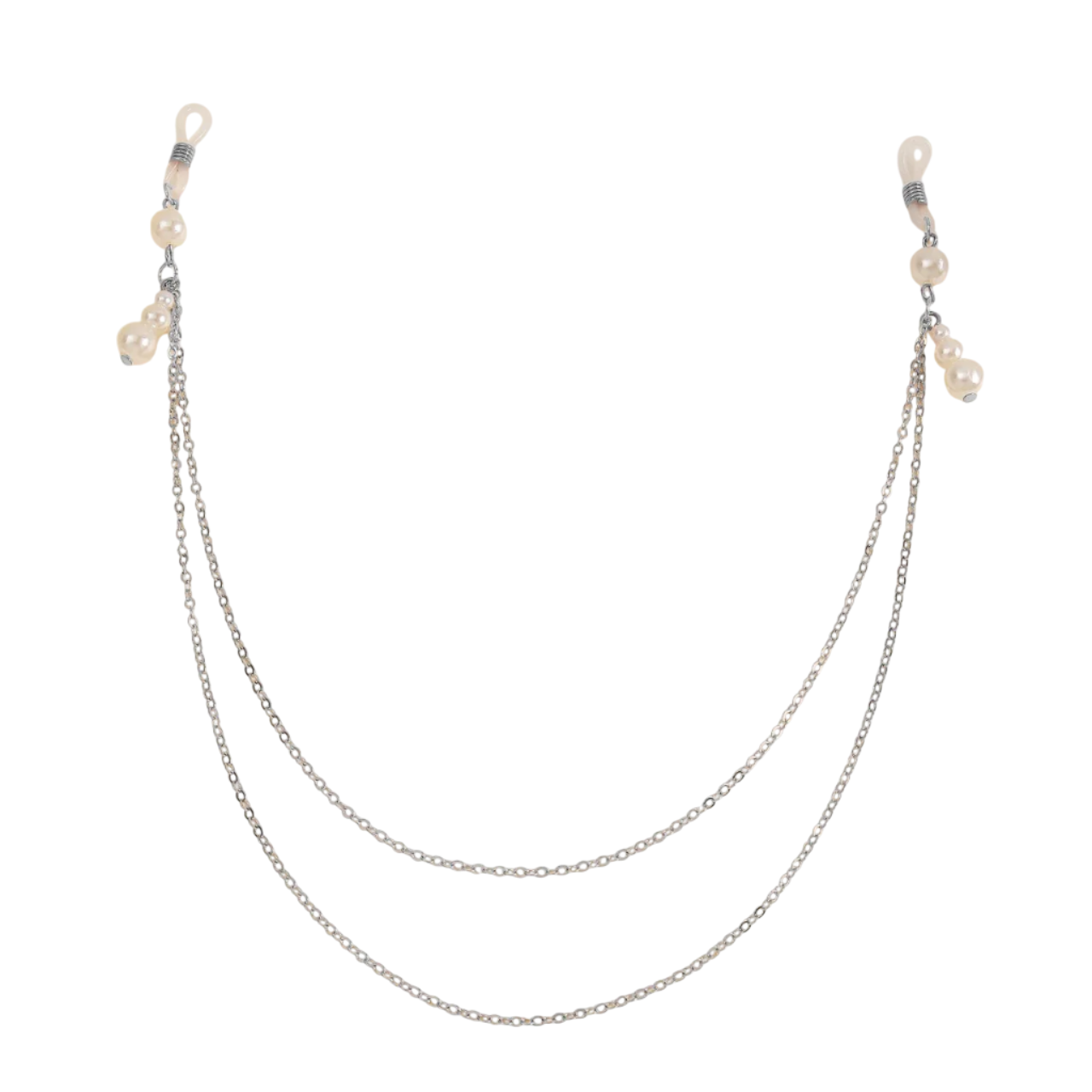 Silver chain with pearl beads on a white background