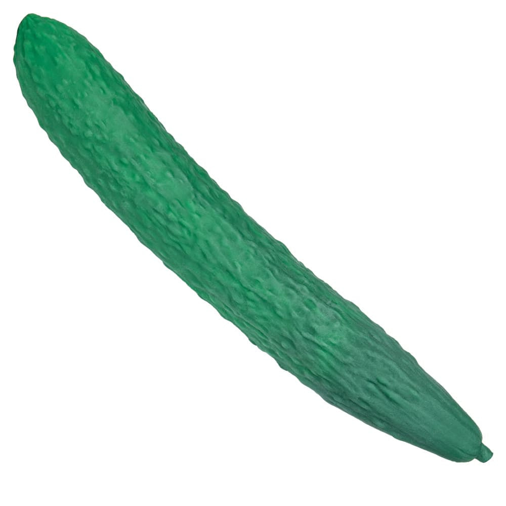 A green textured cucumber toy or prop shown diagonally on a plain white background.